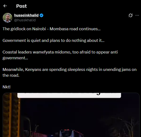 A post shared by Hussein Khalid on X. PHOTO/Screengrab by K24 Digital 