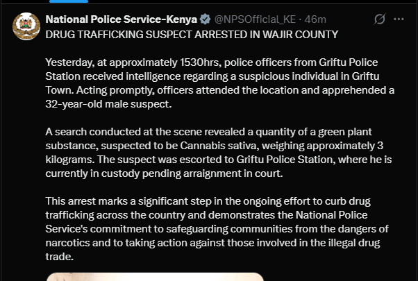 A post made by the NPS on X. PHOTO/Screengrab by K24 Digital from @NPSOfficial_KE