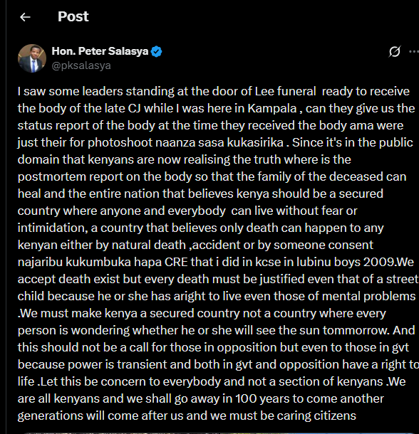 A post shared by Peter Salasya on X. PHOTO/Screengrab by K24 Digital