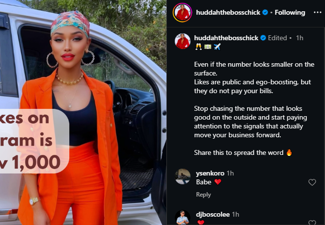 A post shared by Huddah Monroe on Instagram. PHOTO/Screengrab by K24 Digital 