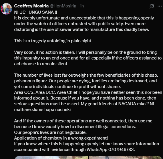 A post shared by Mosiria on X. PHOTO/Screengrab by K24 Digital from @HonMosiria
