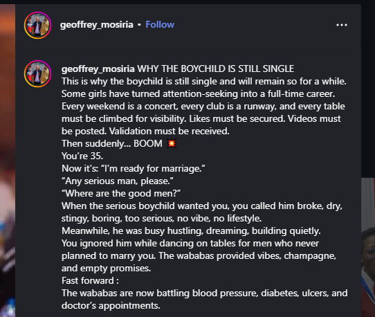 A post shared by Geoffrey Mosiria on Instagram. PHOTO/Screengrab by K24 Digital