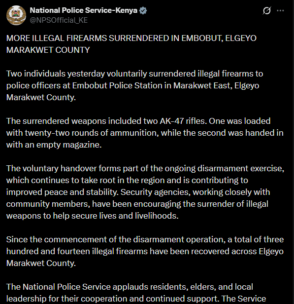 A post shared by NPS on X. PHOTO/Screengrab by K24 Digital from @NPSOfficial_KE
