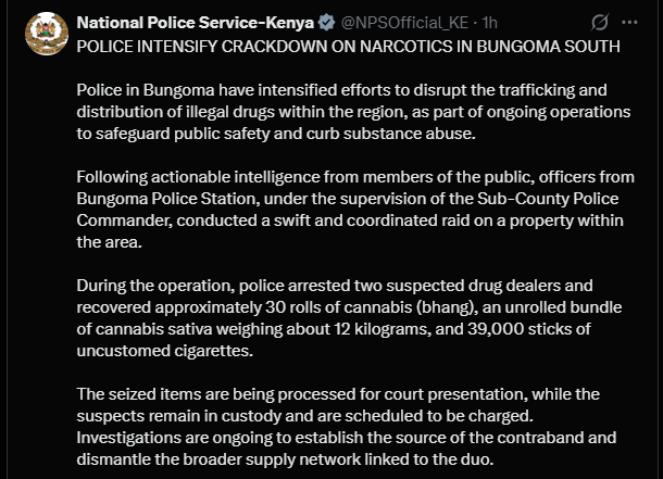 A post shared by the National Police Service (NPS) on X. PHOTO/Screengrab by K24 Digital from @NPSOfficial_KE
