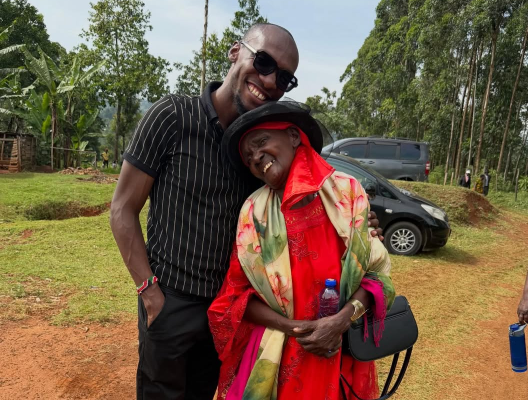 Kenyan comedian and media personality Sande Bush, alias Dr Ofweneka with his grandmother. PHOTO/@drofweneke/Instagram