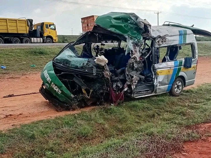 Wrecked matatu in Mombasa Road accident. PHOTO/@motoristsoffice/x