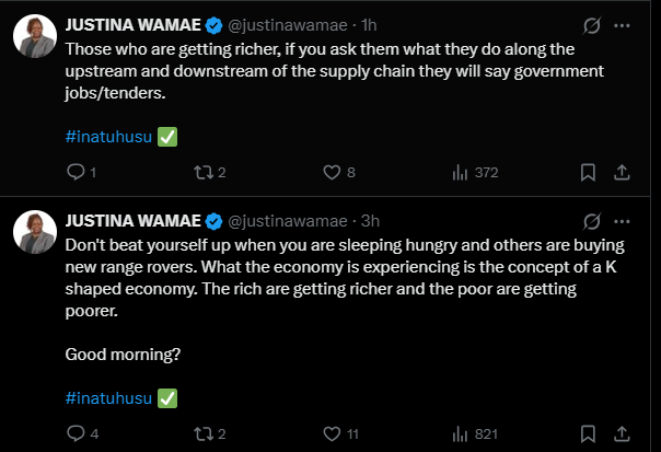 A post shared by Justina Wamae on X. PHOTO/Screengrab by K24 Digital from @justinawamae