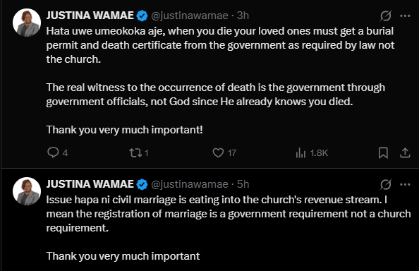 A post shared by Justina Wamae on her X account. PHOTO/Screengrab by K24 Digital from @justinawamae
