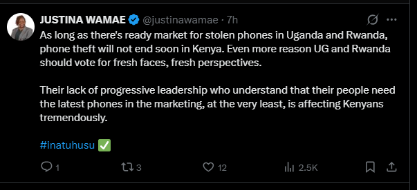 A post shared by Justina Wamae on X. PHOTO/Screengrab by K24 Digital 