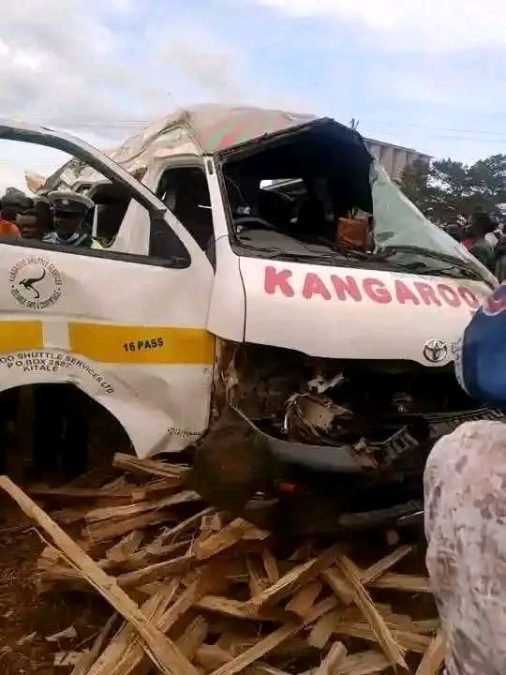 A public service vehicle (PSV) destroyed in a road accident that occurred at Moi's Bridge center along Kitale-Eldoret highway. Photo/Emanuel Tarus