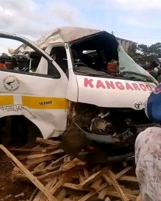 A public service vehicle (PSV) destroyed in a road accident that occurred at Moi's Bridge center along Kitale-Eldoret highway. Photo/Emanuel Tarus