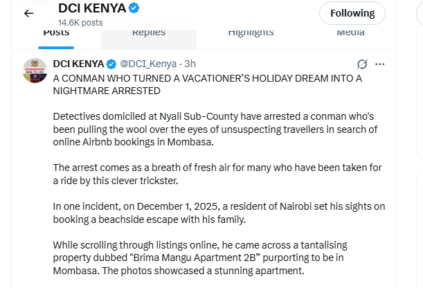DCI statement confims arrest of a conman. PHOTO/Screengrab by K24 Digital
