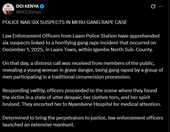 A post shared by the DCI on X. PHOTO/Screengrab by K24 Digital from @DCI_Kenya
