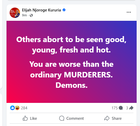 MP Elijah Kururia's post against abortion. PHOTO/Screengrab by K24 Digital from Facebook by @njoroge.kururia