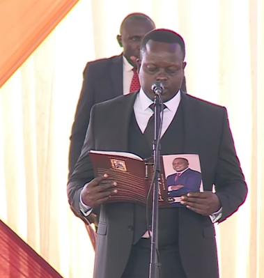 Jakes Jirongo, the son of the late Cyrus Jirongo speaks during the burial ceremony of his father in Lumakanda, Kakamega County on Tuesday, December 30, 2025. PHOTO/Screengrab by K24 Digital from YouTube by @AzimioTVOfficial