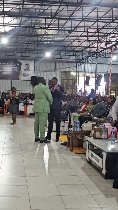 Pastor Kanyari hugs Bishop Ben during his Thanksgiving on Sunday, December 7, 2025. PHOTO/https://www.facebook.com/prophetkanyari