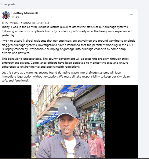 Geoffrey Mosiria complains of illegal dumping of garbage in Nairobi CBD. PHOTO/Screengrab by K24 Digital from Facebook by @kiongozi.mosiriake