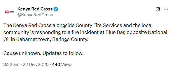 Redcross statement of fire at Blue Bar. PHOTO/screengrab by K24Digital from a post shared by @KenyaRedCross/X
