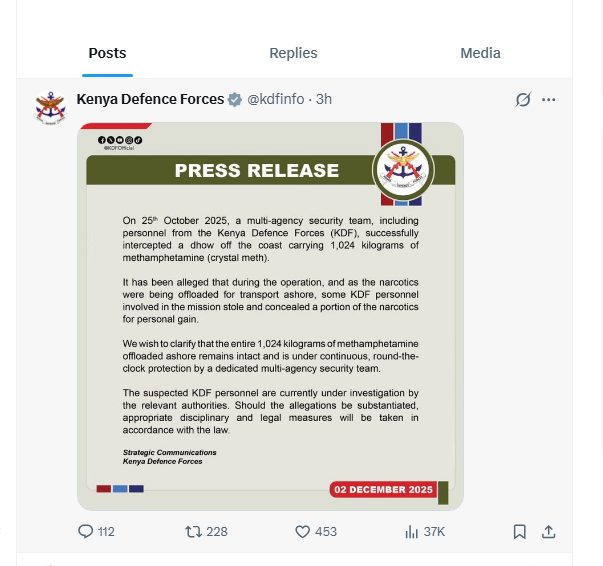 KDF statement about the drug bust. PHOTO/Screengrab by K24 Digital