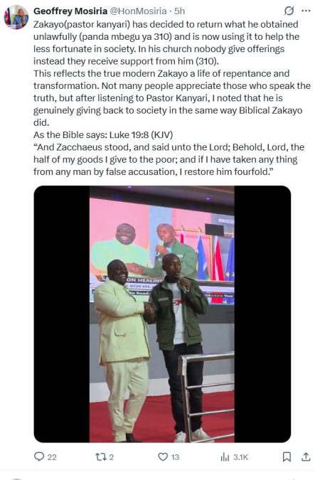 A screenshot of Geoffrey Mosiria’s statement praising Kanyari for his transformation. PHOTO/ https://x.com/HonMosiria