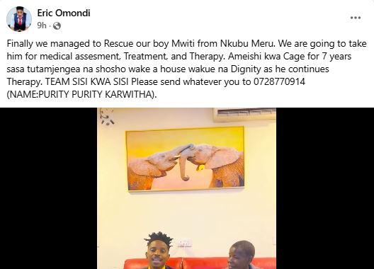 Eric Omondi’s statement after rescuing Meru Boy. PHOTO/ https://www.facebook.com/profile.php?id=100044317755329