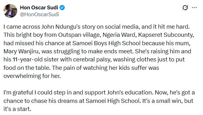 Kapseret MP Oscar Sudi’s statement. PHOTO/ @HonOscarSudi