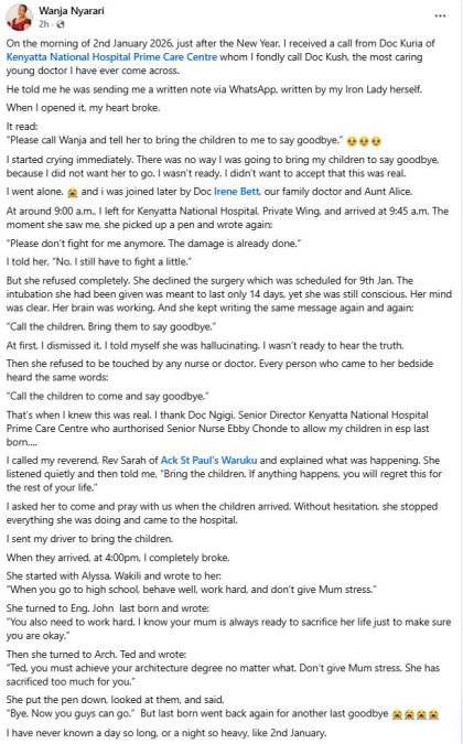 A screenshot of Wanja Nyarari’s statement on the message she received from her mother figure before death struck. PHOTO/ https://www.facebook.com/muthee.prince