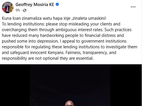 Geoffrey Mosiria’s statement. PHOTO/ https://www.facebook.com/kiongozi.mosiriake