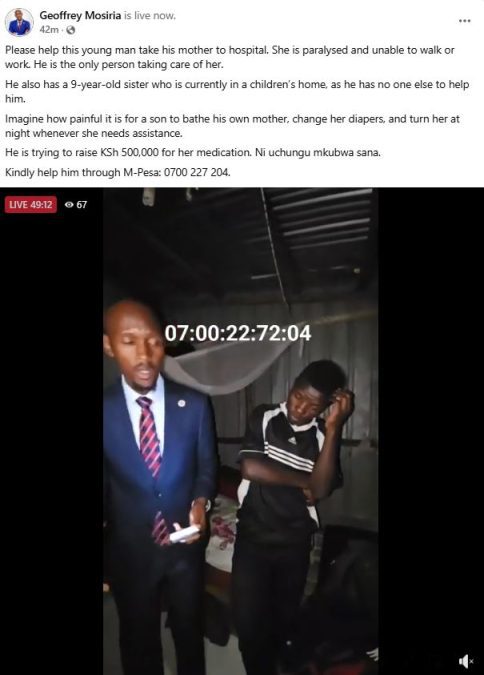 A screengrab image of Geoffrey Mosiria’s livestream and appeal for help posted on his official social media platforms. PHOTO/https://www.facebook.com/kiongozi.mosiriake