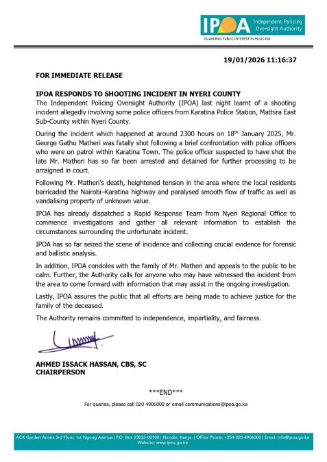 The statement released by IPOA following a shooting incident in Karatina. PHOTO/ https://x.com/IPOA_KE