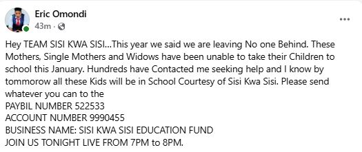 A screenshot by K24 digital showing Eric Omondi’s statement. PHOTO/ https://www.facebook.com/profile.php?id=100044317755329