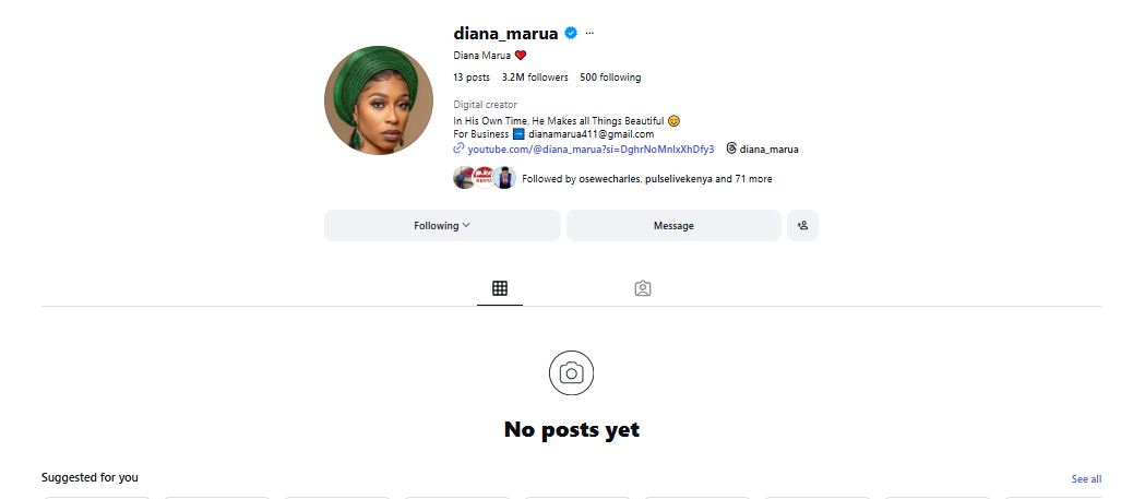 Diana Marua deletes all posts on her Instagram account. PHOTO/Screenshot by K24 digital taken from https://www.instagram.com/diana_marua/