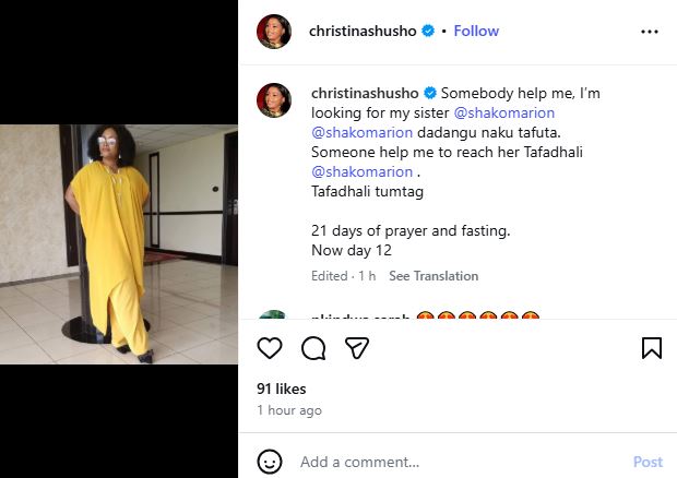 Christina Shusho’s statement on Instagram. PHOTO/K24Digital screengrab from https://www.instagram.com/christinashusho/