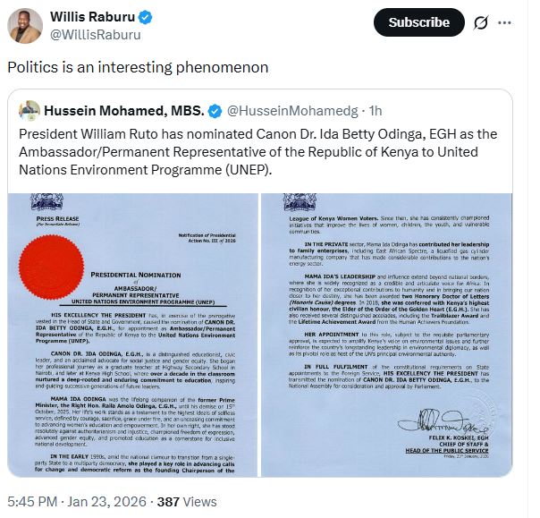 
Willis Raburu’s statement posted on his official X account January 23, 2026. PHOTO: Screengrab by K24 Digital from https://x.com/WillisRaburu