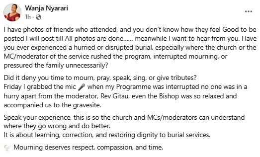 Screengrab image by K24 Digital showing Wanja Nyarari’s statement posted on her official Facebook account. PHOTO/ https://www.facebook.com/muthee.prince