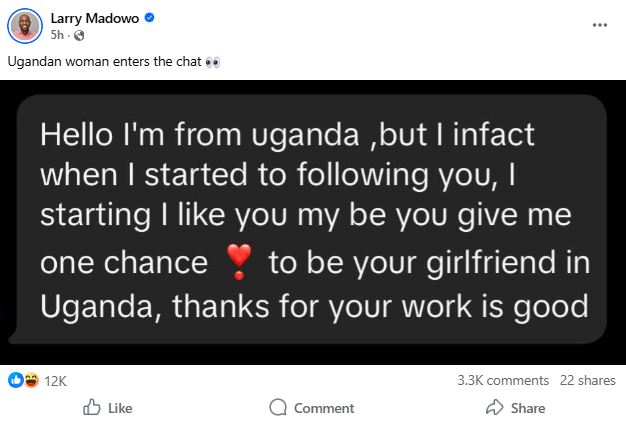 An image of a private message from a Ugandan woman shared by CNN journalist Larry Madowo. PHOTO/ https://www.facebook.com/LarryMadowo