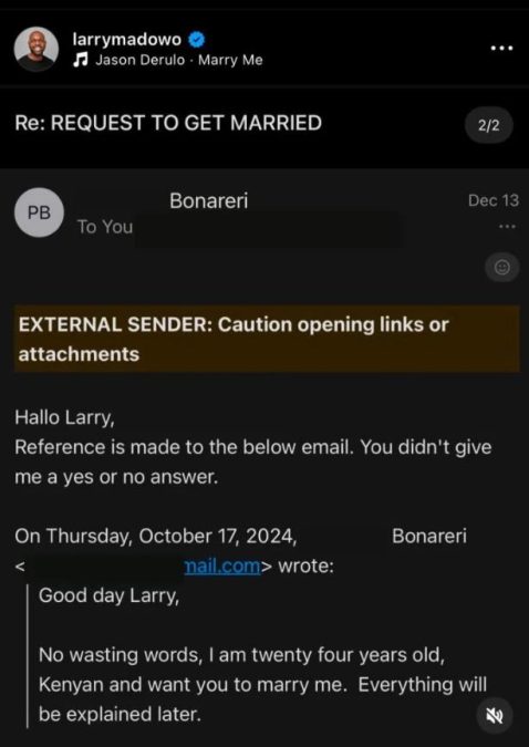 An image of a private message from a woman who identified herself as Bonareri, shared by CNN journalist Larry Madowo. PHOTO/ https://www.instagram.com/larrymadowo/