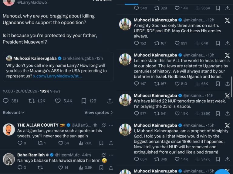 Posts made by Larry Madowo and Uganda’s Chief of Defence Forces (CDF), Muhoozi Kainerugaba. PHOTO/Screengrab by K24 Digital