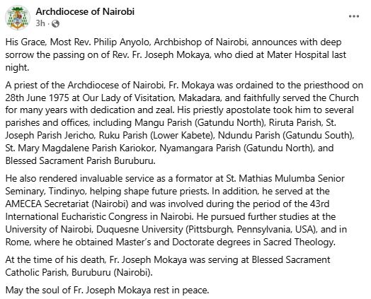 A statement by Most Rev. Philip Anyolo, Archbishop of Nairobi announcing the death of Rev. Fr. Joseph Mokaya. PHOTO/ https://www.facebook.com/catholicarchdioceseofnairobi