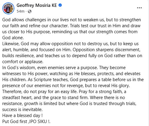 Geoffrey Mosiria’s statement. PHOTO/ https://www.facebook.com/kiongozi.mosiriake