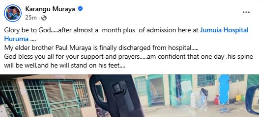 A screenshot by K24 digital of gospel singer Karangu Muraya’s statement on Paul Muraya’s health. PHOTO/ https://www.facebook.com/KaranguMurayaMc