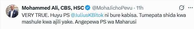 The statement by Nyali Member of Parliament Mohamed Ali, popularly known as Jicho Pevu. PHOTO/X @MohaJichoPevu