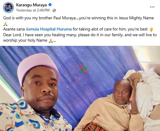 A screenshot by K24 digital of gospel singer Karangu Muraya’s statement on Paul Muraya’s health. PHOTO/ https://www.facebook.com/KaranguMurayaMc