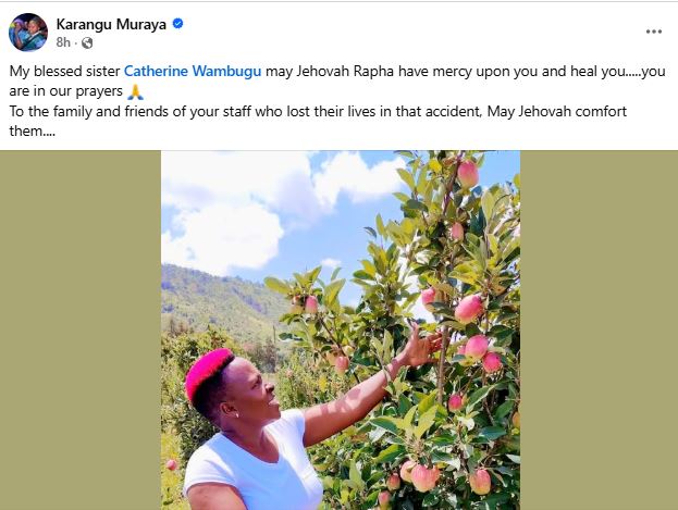 A screenshot by K24 digital of Karangu Muraya’s statement following the accident involving social media personality Catherine Wambugu. PHOTO/ https://www.facebook.com/KaranguMurayaMc
