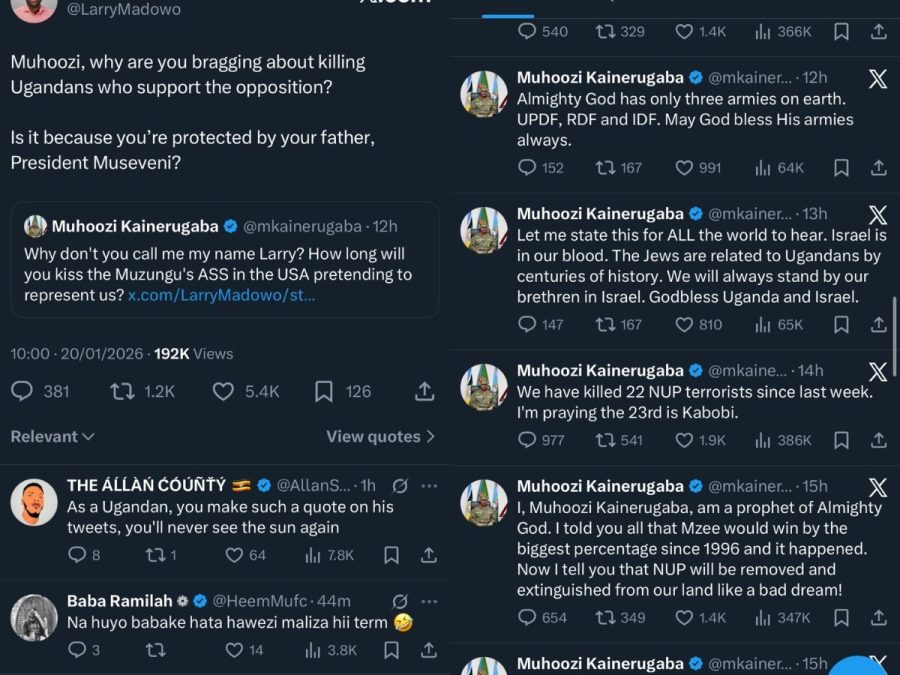 Posts made by Larry Madowo and Uganda’s Chief of Defence Forces (CDF), Muhoozi Kainerugaba. PHOTO/Screengrab by K24 Digital