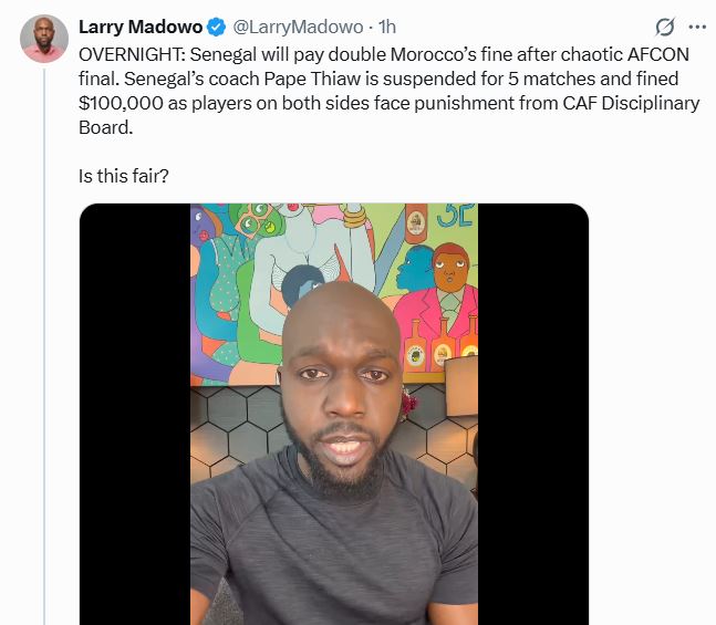 An image by K24 Digital showing Larry Madowo’s statement questioning the fines and sanctions imposed on Senegal. PHOTO/ @LarryMadowo