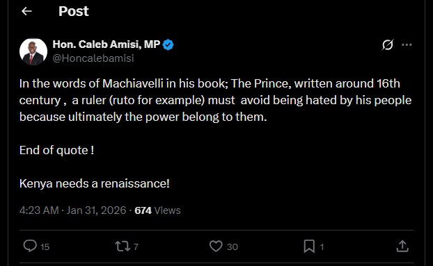 A post shared by Caleb Amisi on his X account. PHOTO/Screengrab by K24 Digital