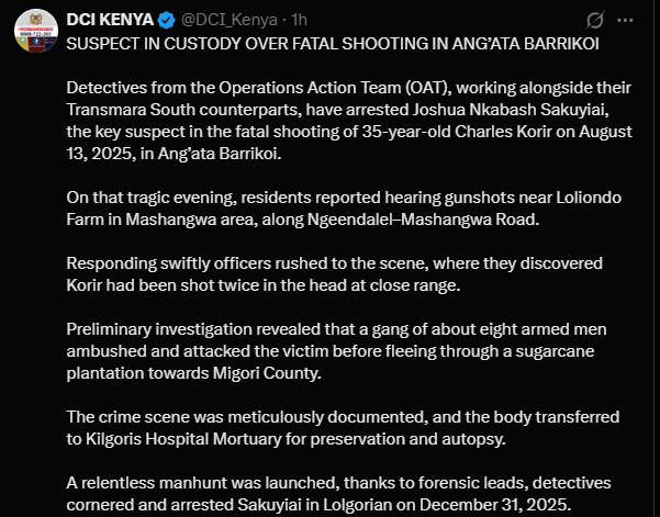 A post shared by the DCI on X. PHOTO/Screengrab by K24 Digital