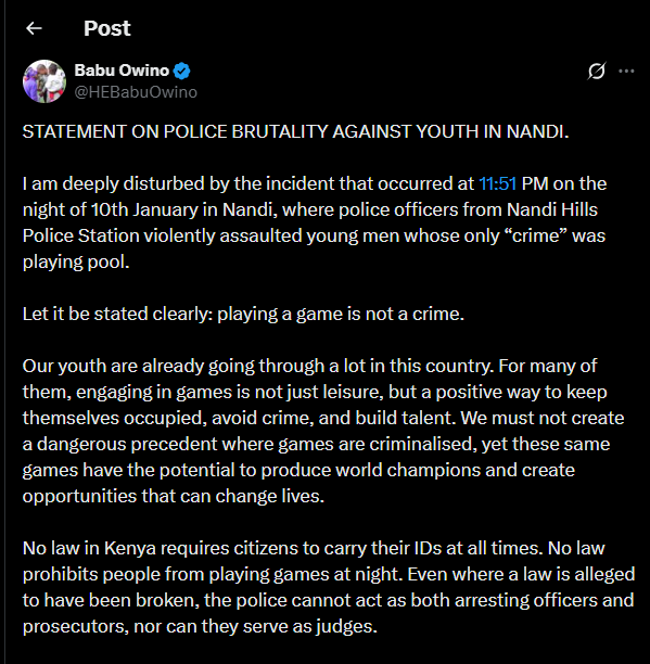 A post shared by Babu Owino on X. PHOTO/Screengrab by K24 Digital