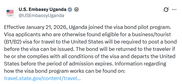 Uganda US Embassy tweet. PHOTO/ Screengrab by K24 digital.